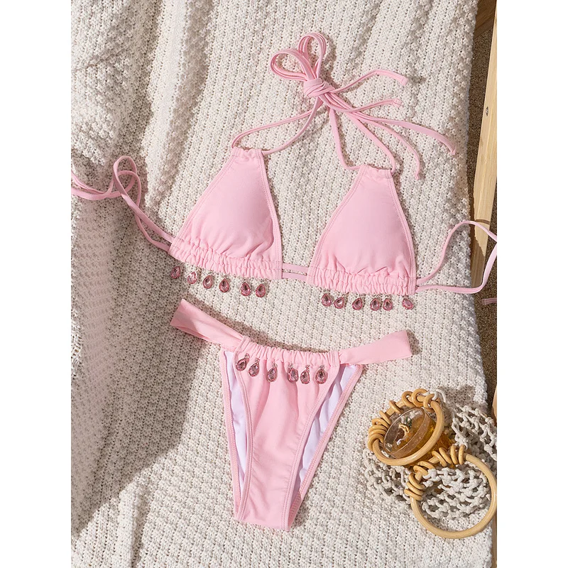 New Hot-Selling Two-Piece Swimsuit Set for Women, Pink Bikini with Gemstone Pendant