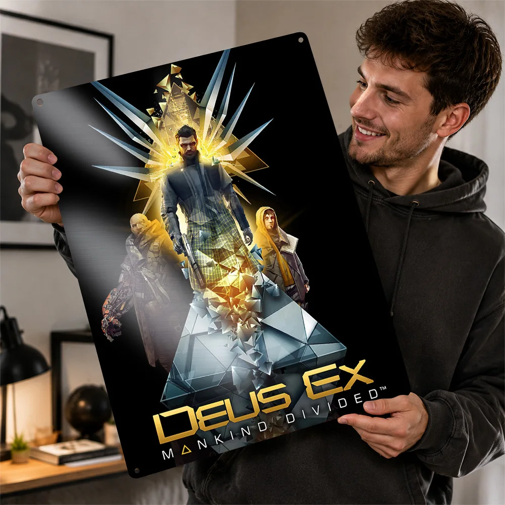 Deus Ex Mankind Divided Character Collage Printed Poster Customized Metal Sign Cosmic Mission Style Wall Art Home Office Decor