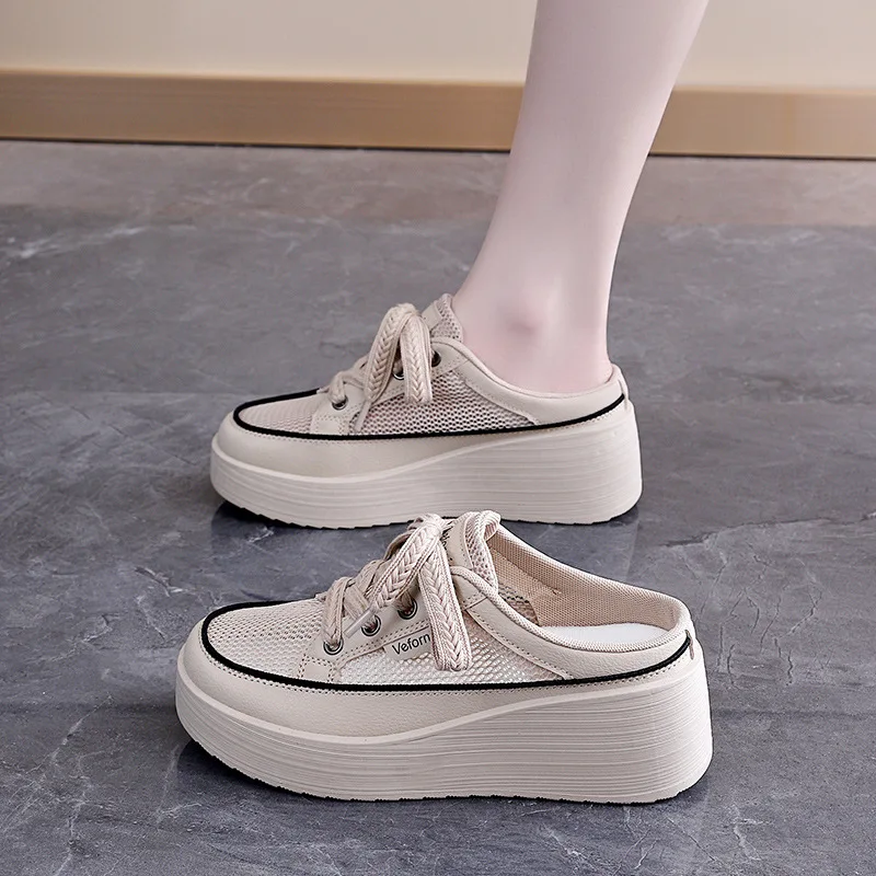 Women's Summer Half Set White Shoes 2026 Breathable Mesh Comfortable Casual Thick Sole Raised Design for Foot Health