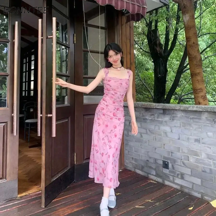 Sleeveless Dresses Women Ankle-length Tender Floral Printed Bodycon A-line  Korean Style Trendy Casual Temperament Hotsweet BF - AliExpress 200000345