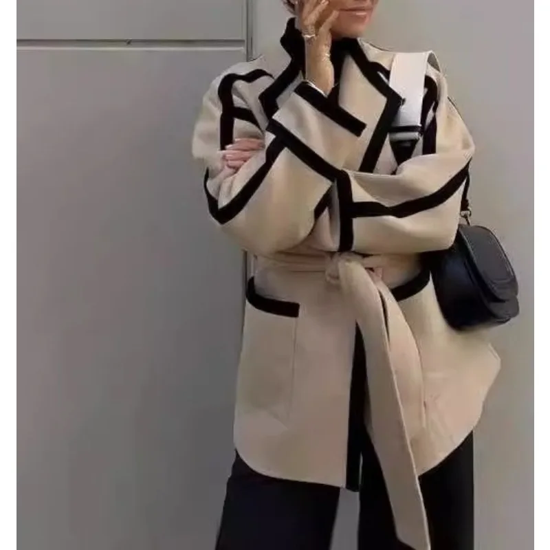 Luxury-Like 25 Autumn-Winter New Women's Elegant Casual Double-faced Wool Coat with Strapped Color-Contrast Long Sleeve