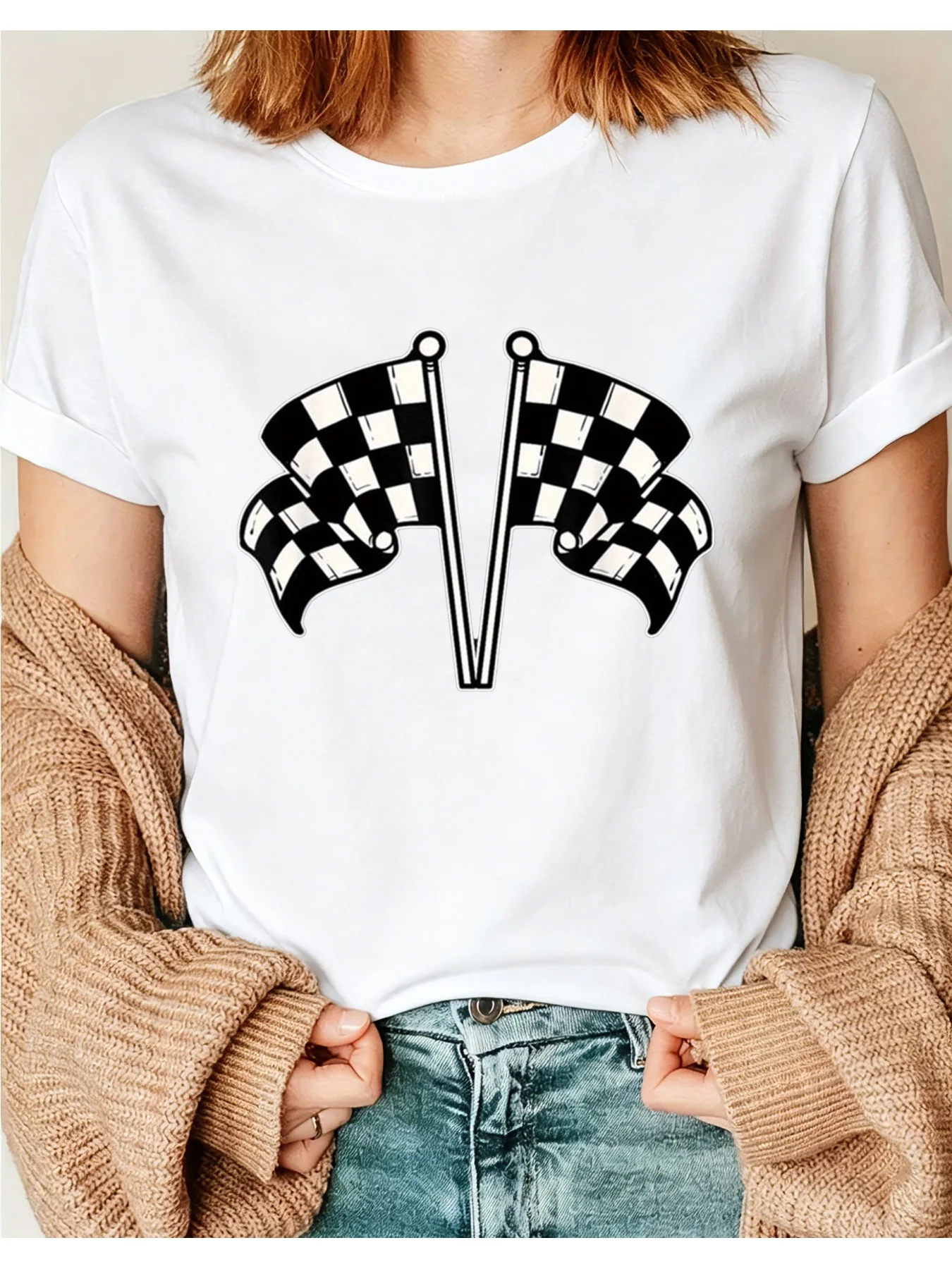 Men's Graphic T-Shirt, Unisex Retro Racing Graphic T-Shirt, Checkered Flag Design, Eye-Catching Checkered Pattern, Round Neck Casual Motorcycle T-Shirt, Suitable for Casual Wear, Racing01, Round Neck Short-Sleeve Top, Suitable for All Seasons, Casual and Versatile