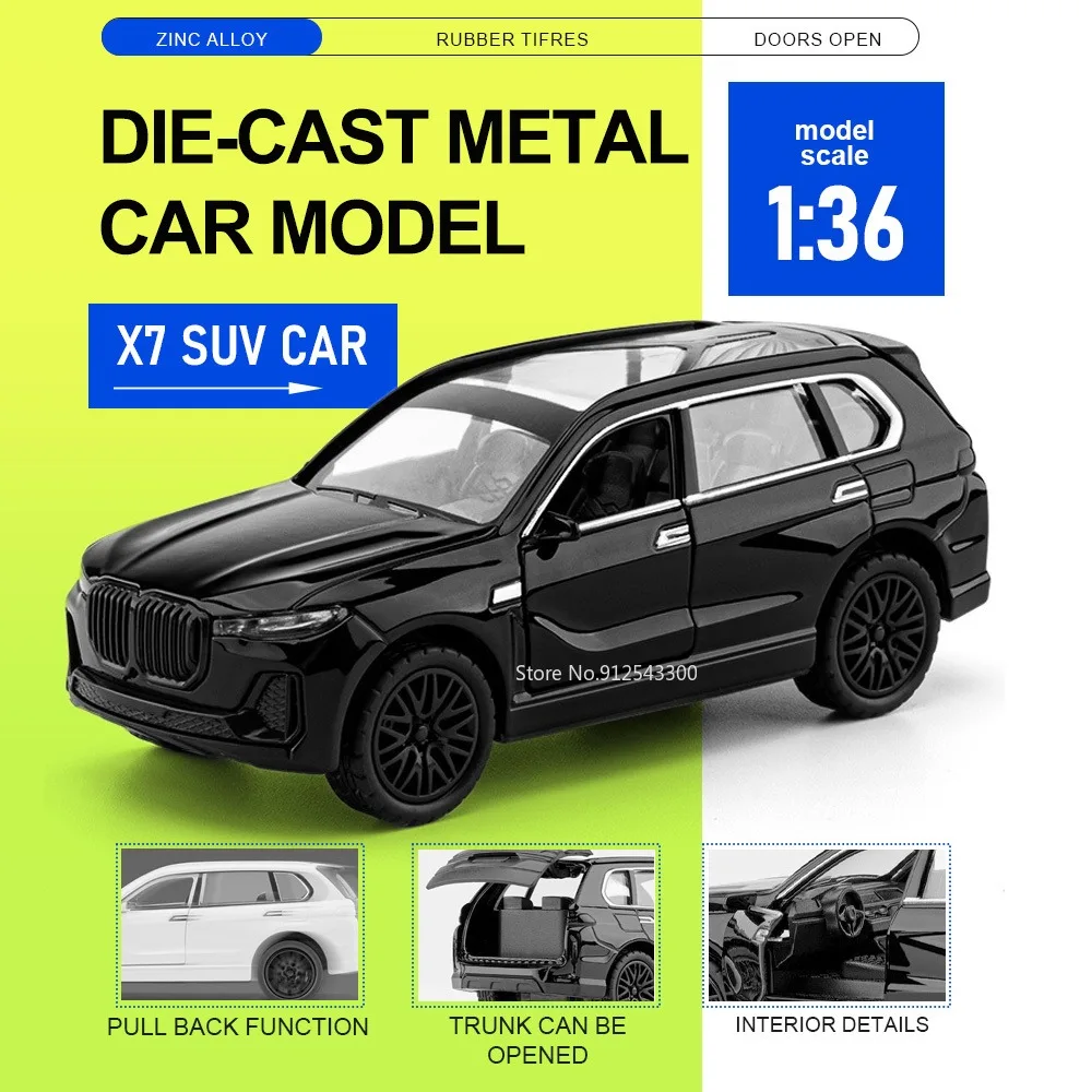 1:36 Scale X7 SUV Car Model Toy Doors Opened Alloy Diecast Miniature Models Rubber Tires Pull Back Vehicle Office Decorations
