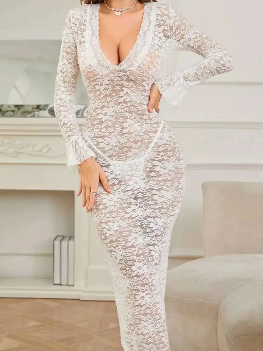 Sexy Deep V Lace Flower Embroidery Transparent Slim Fit Long Sleeved Dress Pure Desire Casual Style Dress Elegant Charming K9YZ