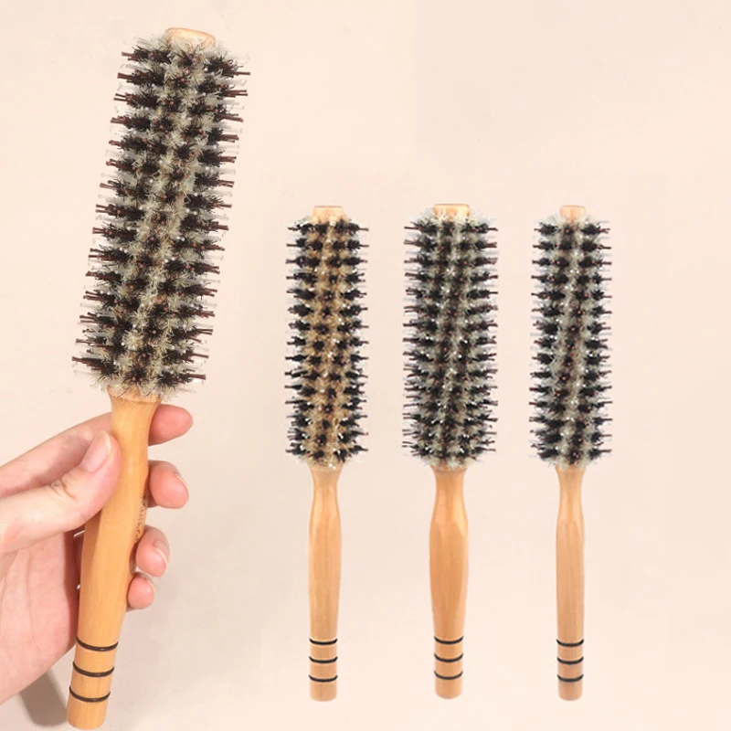 Natural Boar Bristle Roller Brush Barber Hair Roller Wood Hair Brush Round Barrel Hair Comb For Women Curly Hair Hairdressing