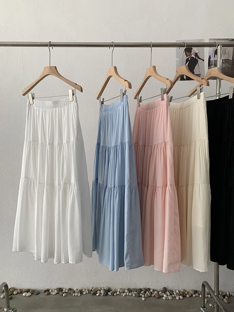 Women's Vintage High Waist Summer Long Skirt  Layered Cake Skirt, Office Commuter Women Loose A-line Pleated Skirt Summer Skirt