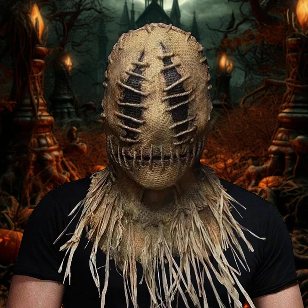 

Creepy Scarecrow Mask Halloween Horror Face Cover Realistic Straw Man Latex Costume Prop For Haunted Sinister House Farm Theme