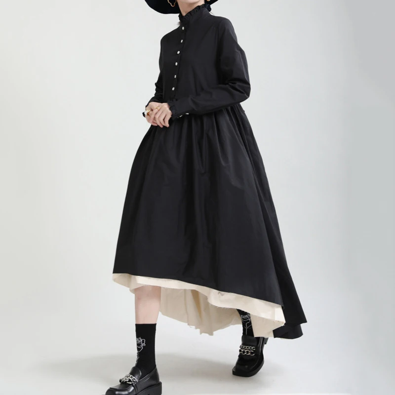 HKSH Spring Autumn New Women's Long Dress Stand Collar Multi-layer Patchwork Contrast Color Pleated Elegant Chic Dresses HK15703