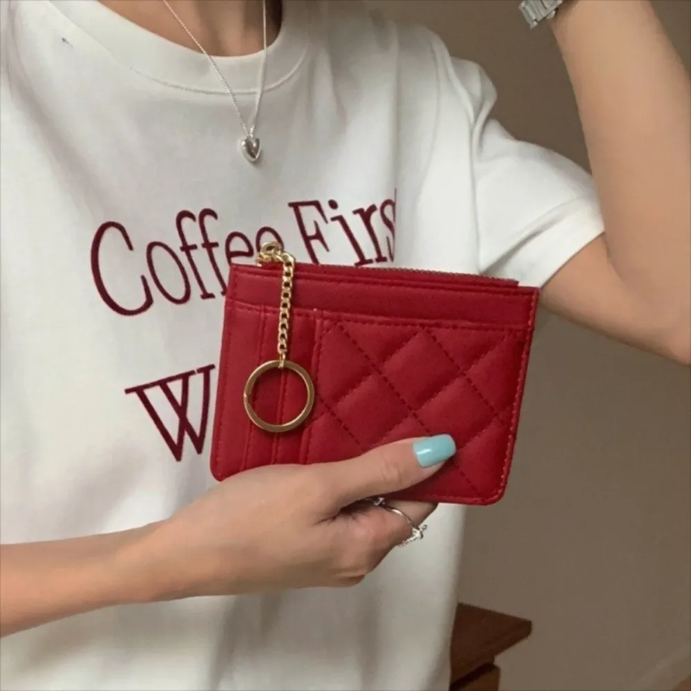 Fashion Short Hangging Card Bag PU Leather Multifunction Multi-card Wallet with Keychain Zipper Card Holder Unisex