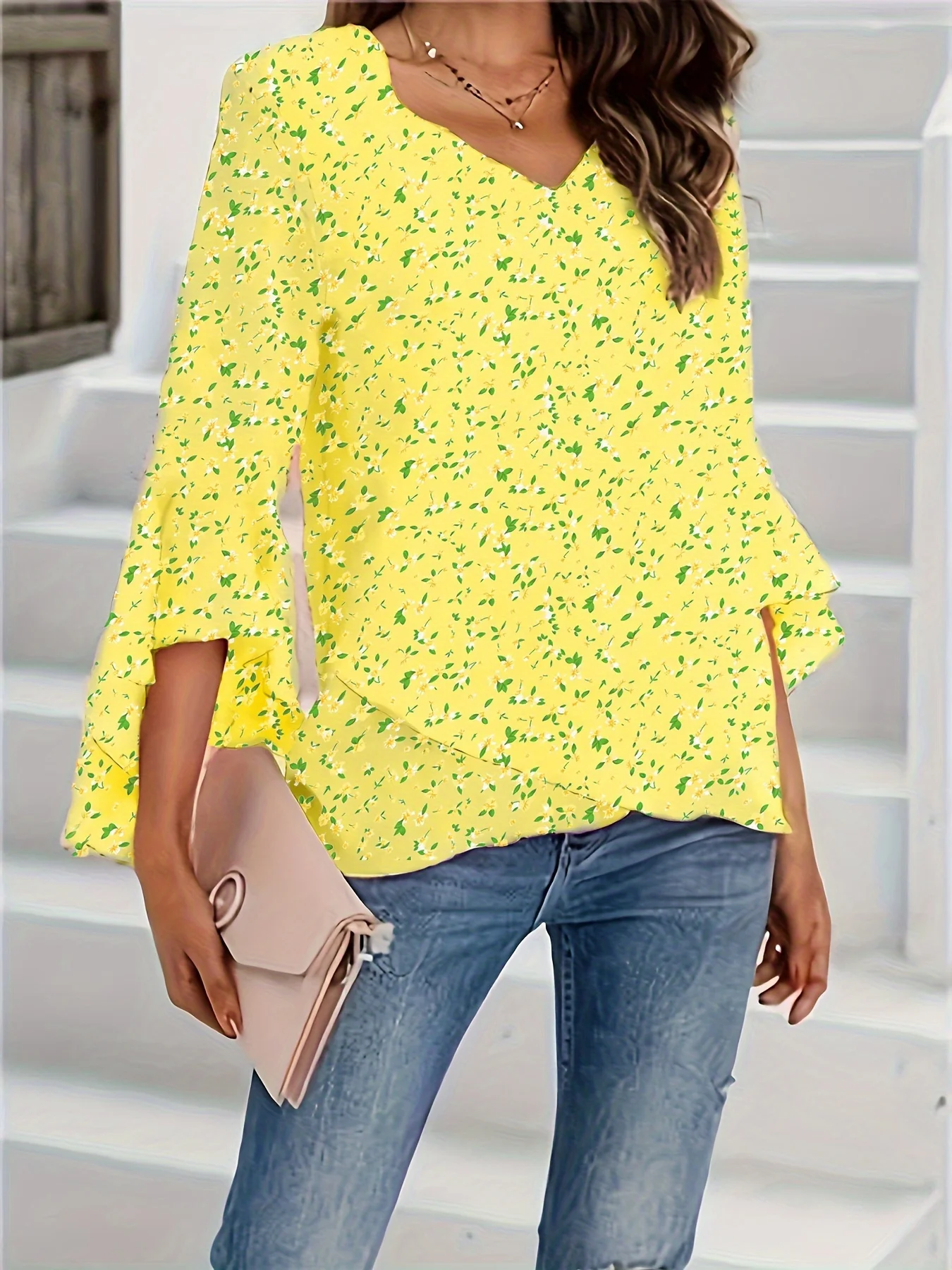 

Plus Size Floral Ruffle Sleeve Top Women's V-Neck Boho Blouse Summer Beach Shirt Free Shipping