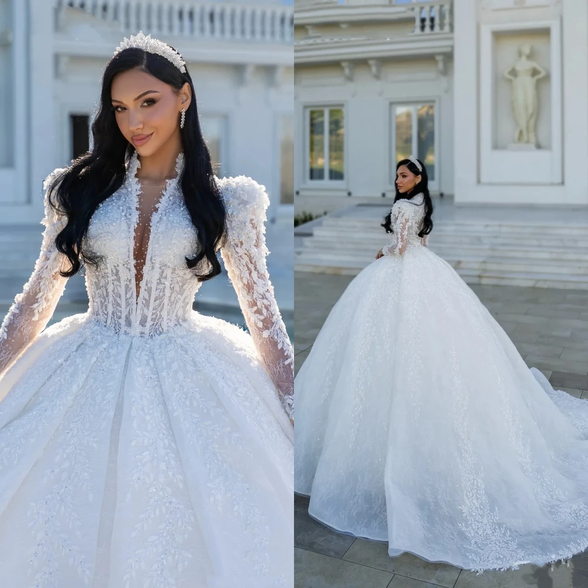 

Elegant White Lace Decal Women's Wedding Dress Sexy Deep V-Neck Long Sleeved African Bride Dress Vestido De Noiva Customized