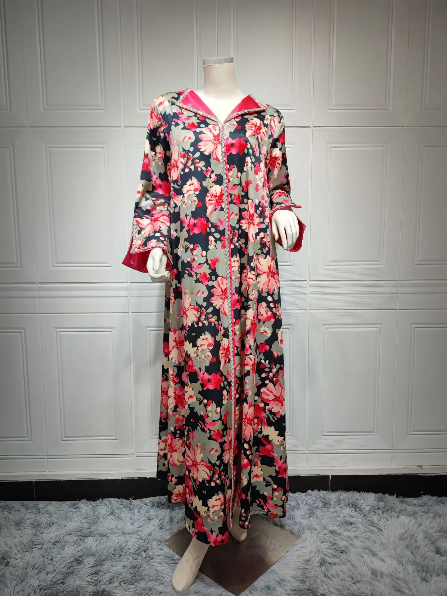 Vestido Hijab muçulmano para mulheres, Ramadan Abaya, Kaftan estampa floral vintage, vestidos luxuosos modestos de Dubai, diamante bordado, 2023