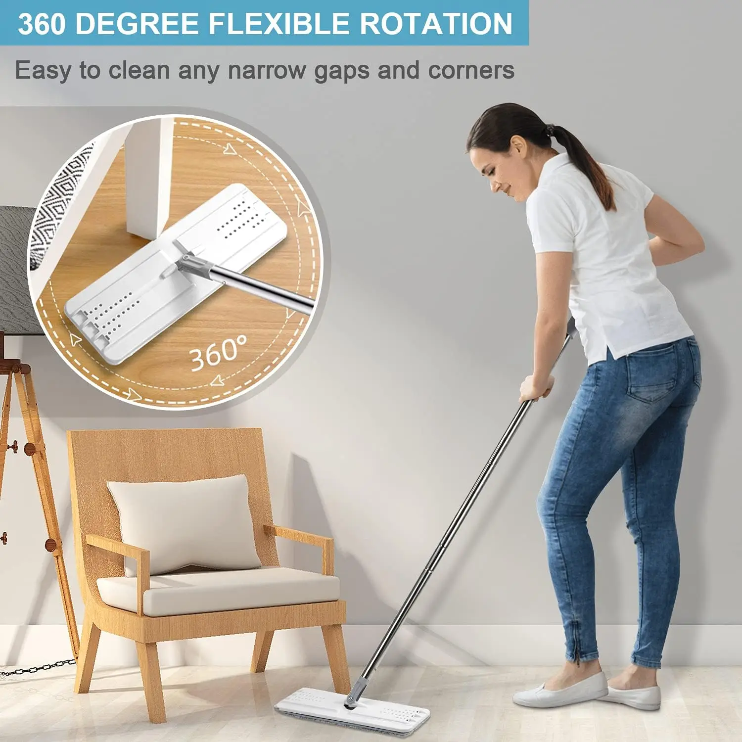 Flat Mop and Bucket with Wringer Set, Hands Free Squeeze, 3 Washable Microfiber Pads for All Floor Types and Windows