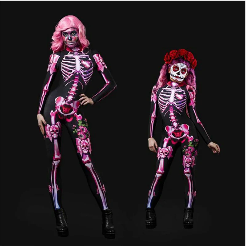 Day of The Dead Women Scary Ghost Costume Rose Skeleton Halloween Sexy Devil Jumpsuit Girl Carnival Party Clothing for Adult Kid