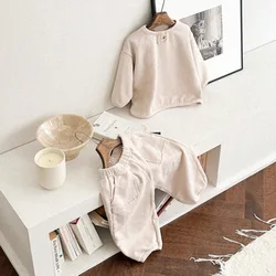 Boys and Girls' Ins Korean Version Spring Clothing New Two-piece Set Fashion Western-style Woolen Hoodie Children's Casual Set