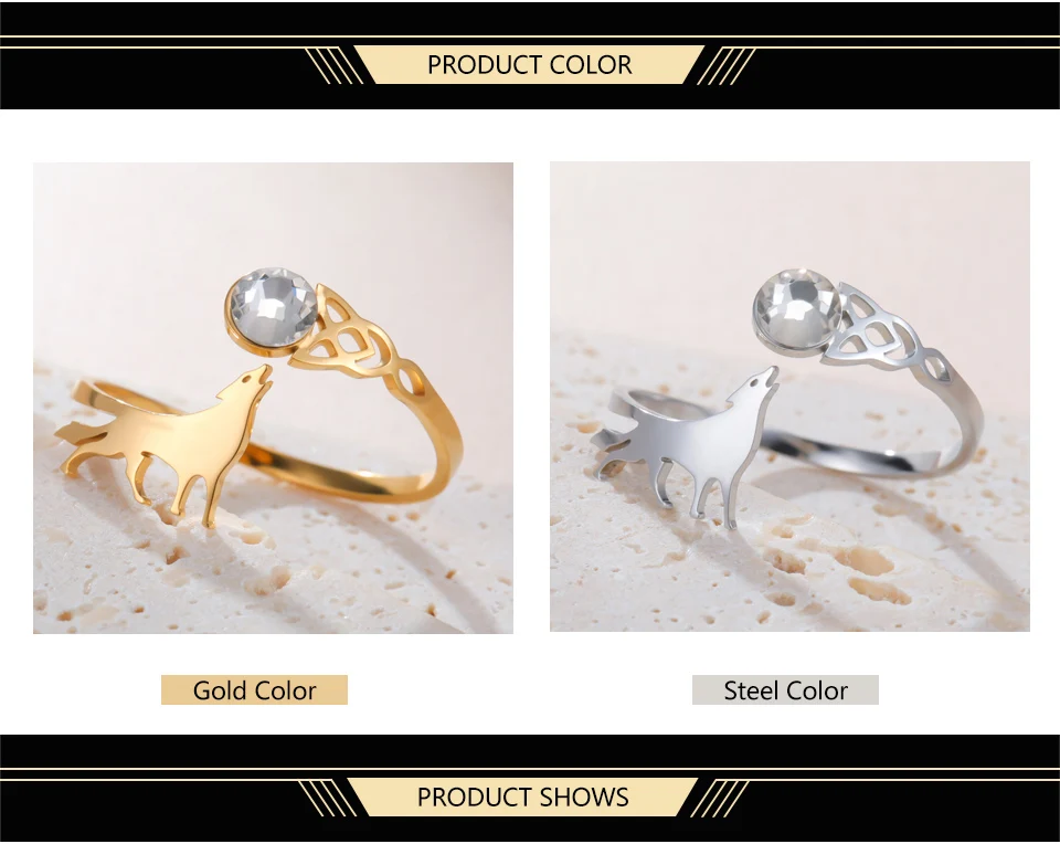 Dawapara Heulender Wolf Zirkon Verstellbarer Ring Tier Totem Celtics Knoten Glückssymbol Edelstahlschmuck – Detail 3