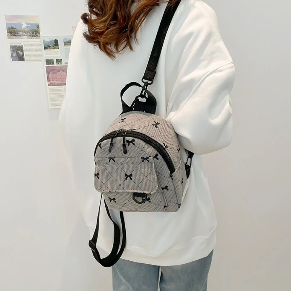 Sweet Corduroy Mini Backpack Bowknot Printed Lightweight Bow Rucksack Zipper Multi Layered Shoulder Bag Teen Girls