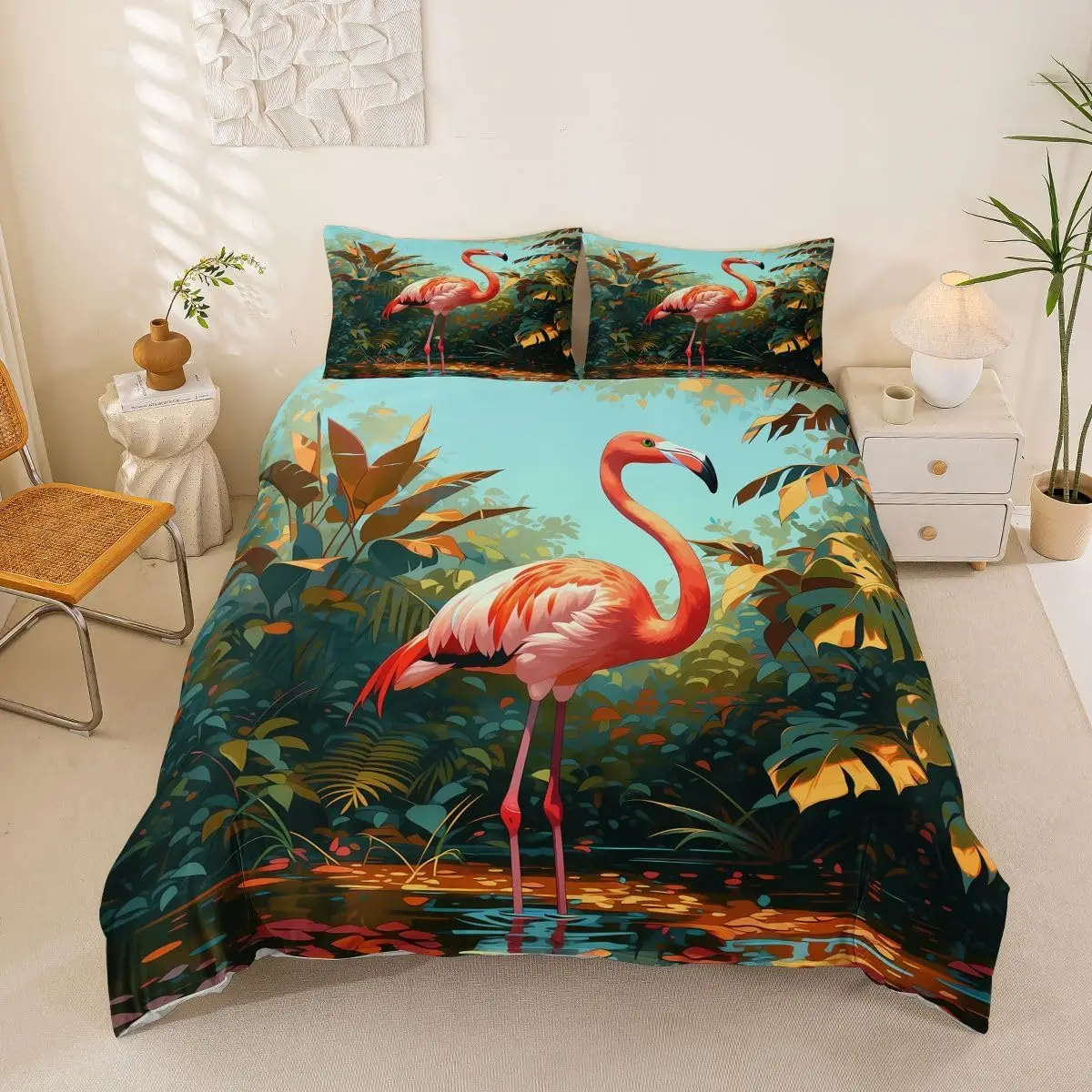 Flamingo Duvet Cover Tropical Leaves Flower Bedding Set for Girls Teen Room Decor,Summer Flamingo Natural Animal Comforter Cover