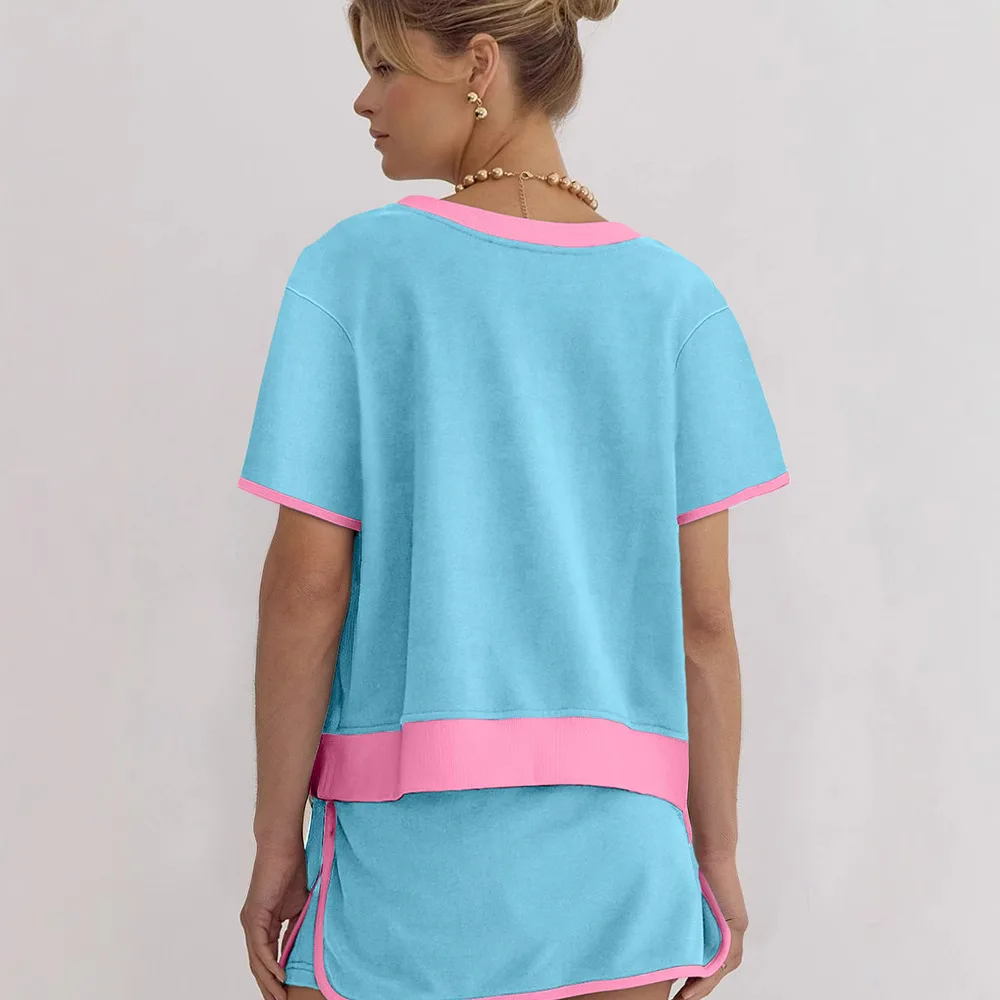 2025 Zomer Nieuwe Losse Casual Pakken voor Vrouwen Mode Kleuraanpassing Korte mouwen Korte Rok Tweedelige Pakken voor Vrouwen