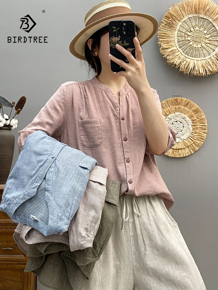 

Новая летняя рубашка с короткими рукавами из хлопчатобумажной пряжи 2025 года, женская клетчатая рубашка с v-образным вырезом, мягкая универсальная повседневная свободная блузка в стиле ретро Mori Girl T55945CC