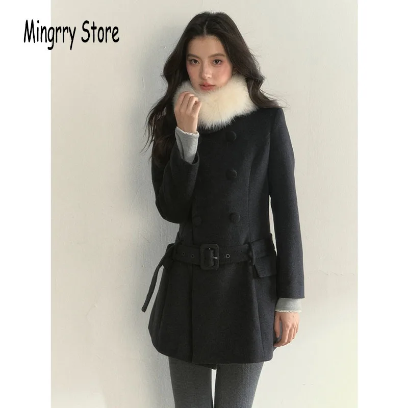 الفرنسية الحلو كلية نمط معطف الصوف المرأة مزدوجة الصدر ضئيلة منتصف طول معطف 2025 الشتاء الكشمير سترة دافئة ملابس خارجية معطف #6
