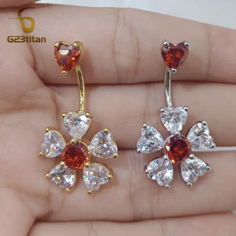 G23titan Red Zircon Flower Belly Button Ring 14G Surgical Titanium or Steel Barbell Bar Piercing Women Accessories Navel Jewelry