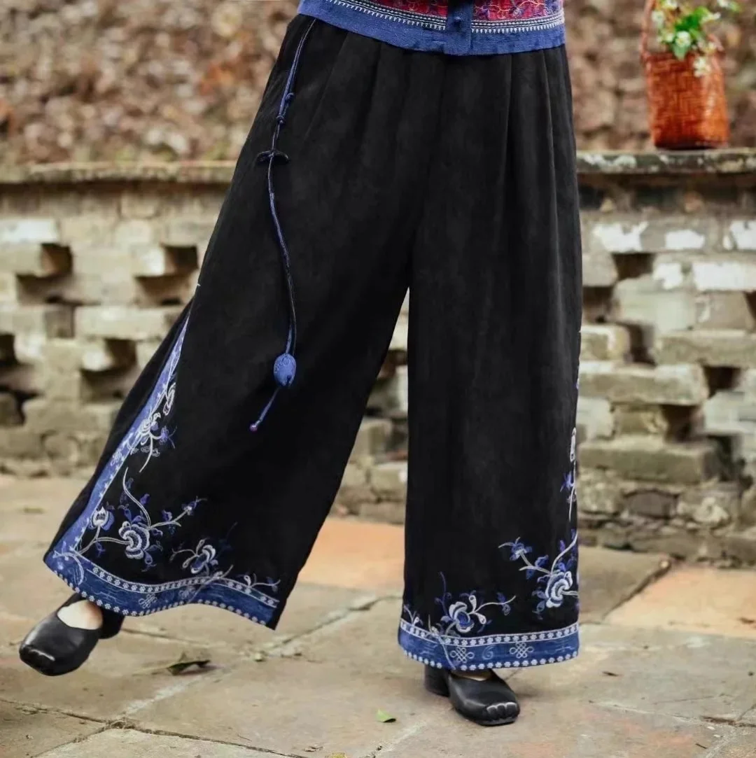 جديد أسود الجاكار المرأة السراويل النمط الصيني المطرزة مرونة الخصر تنورة التفاصيل خمر فضفاض واسعة الساق الكتان بنطلون