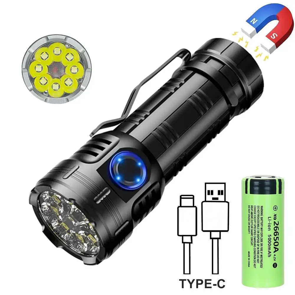 Super Bright 9000LM LED Flashlight with Tail Magnet Torch Type-C Rechargeable Outdoor Waterproof Camping Emergency Lantern