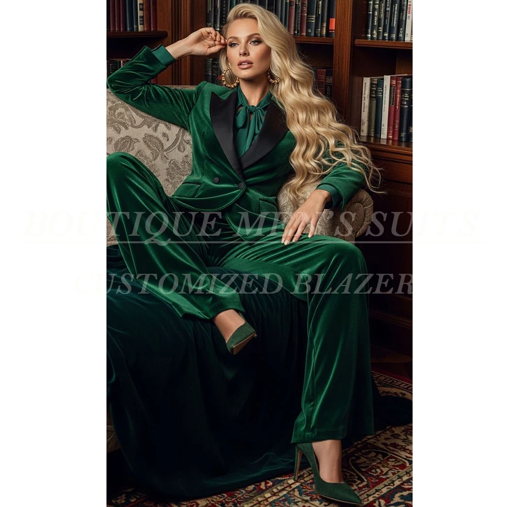 

Formal Evening Velvet Women's Suits Customzied Double Breasted Peak Lapel Pants Sets Skinny Regular Length 2 Piece Jacket Pants