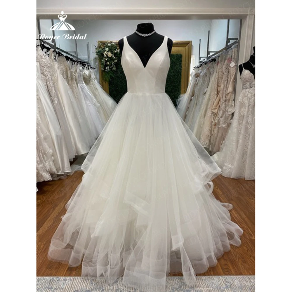 

Roycebridal, Пляжное свадебное платье с V-образным вырезом, каскадными оборками, открытой спиной, а-силуэт, блестящее платье из тафты и тюля в стиле бохо, 2023, винтажное свадебное платье