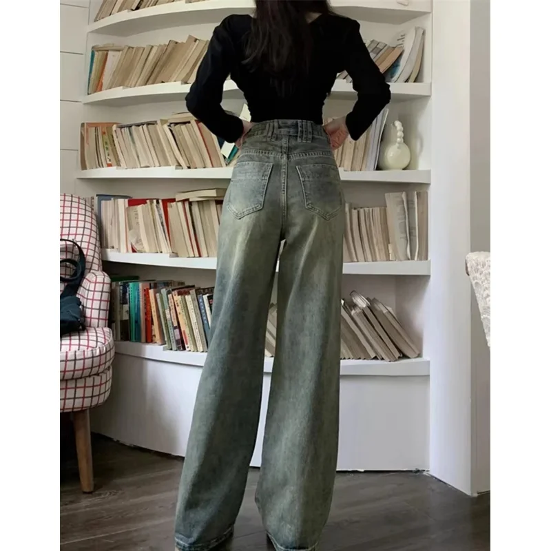 가을과 겨울 여성을위한 레트로 씻어 빈티지 청바지 하이 웨이스트 스트레이트 레그 루즈 와이드 레그 팬츠 캐주얼 바지