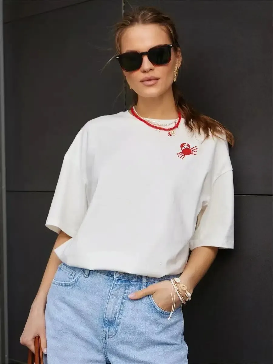 2026 Summer Minimalist Crab Painting Print Women Loose T-Shirt Retro Ins Style Cotton Short Sleeve Comfortable Casual Tee