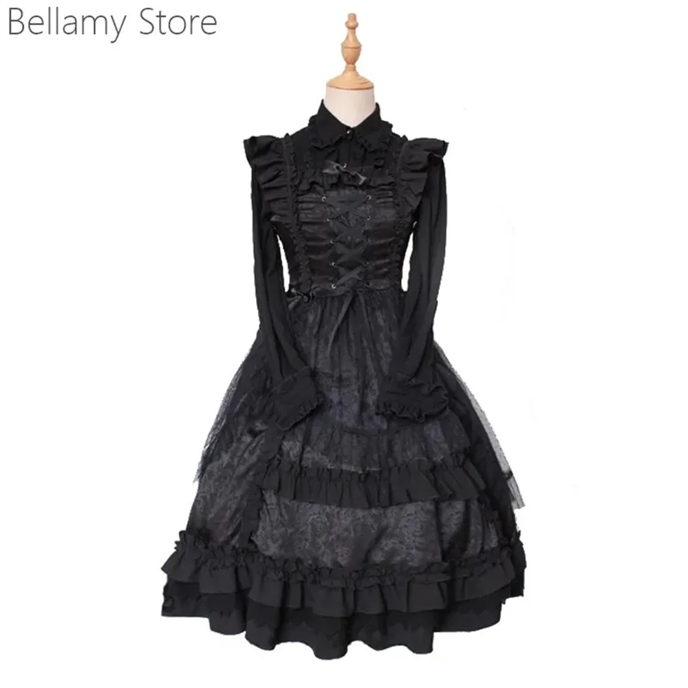 Tailored Lolita Gothic Black Long-Sleeved Shirt Plus Pleated Slip Dress Set