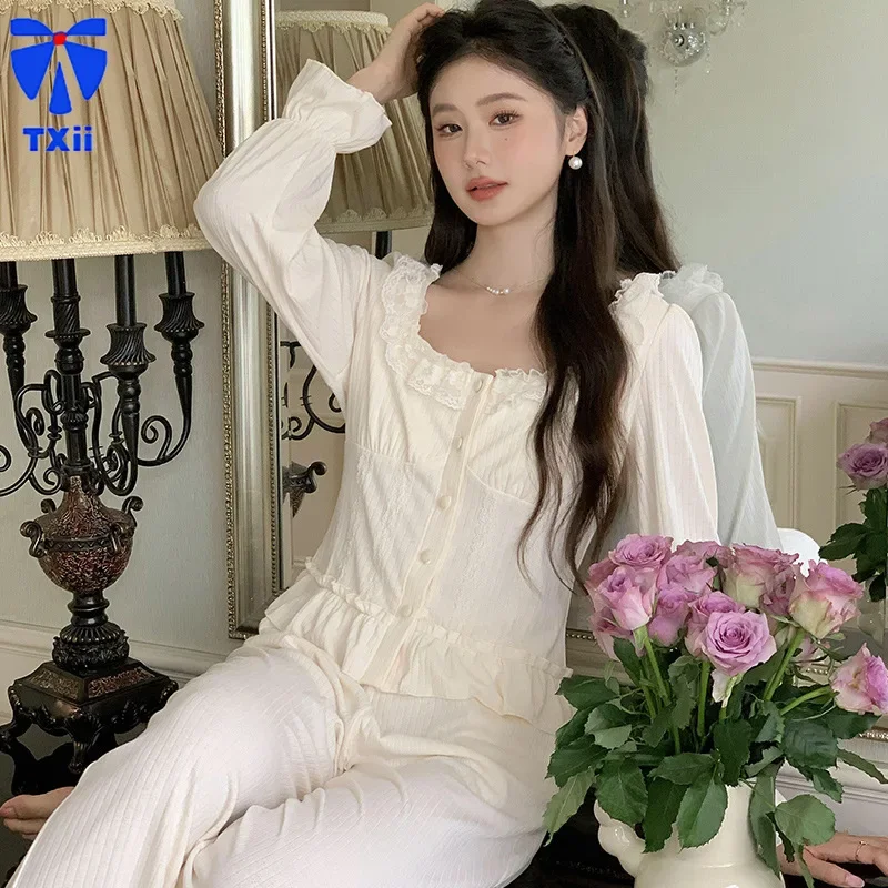 

French Pajamas Women's Long Sleeve Trousers Cute Princess Style Cotton suit Autumn Pajamas Home Wear Outer Wear