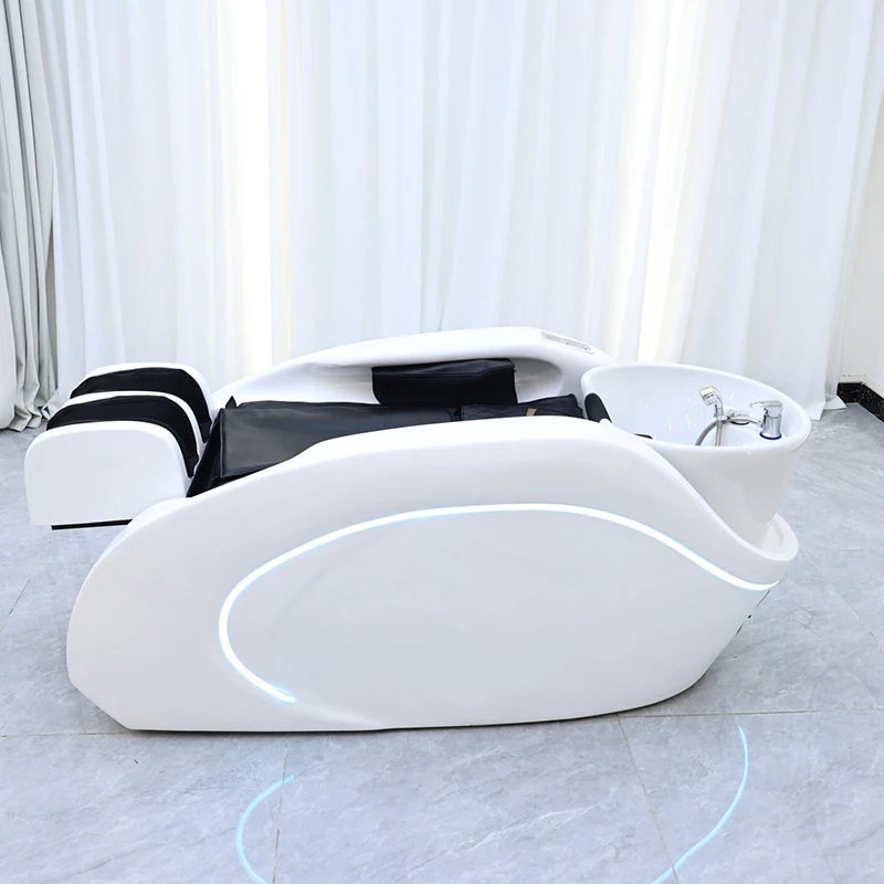 High Quality Barber Salon Furniture White Fiberglass Frame Head Washing Chair Luxury Modern Electric Massage Shampoo Bed