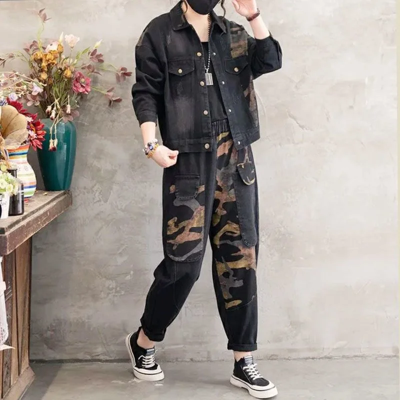 2025 Autumn Denim jacket Suits Plaid Striped Shirt Collar Fashion Set Women's 2022 Spring New Coat casual Jeans Two-Piece Set