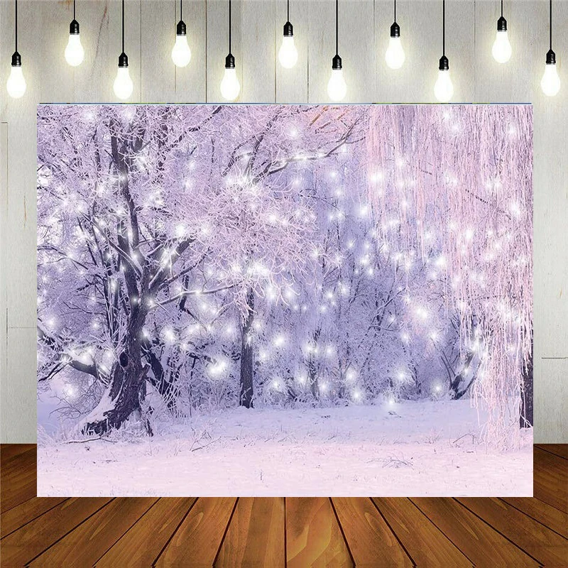 

Winter Snowing Wonderland Photography Backdrop Snowflake Glitter Forest Snow Scene Pine Tree Shining Kid Baby Shower Background