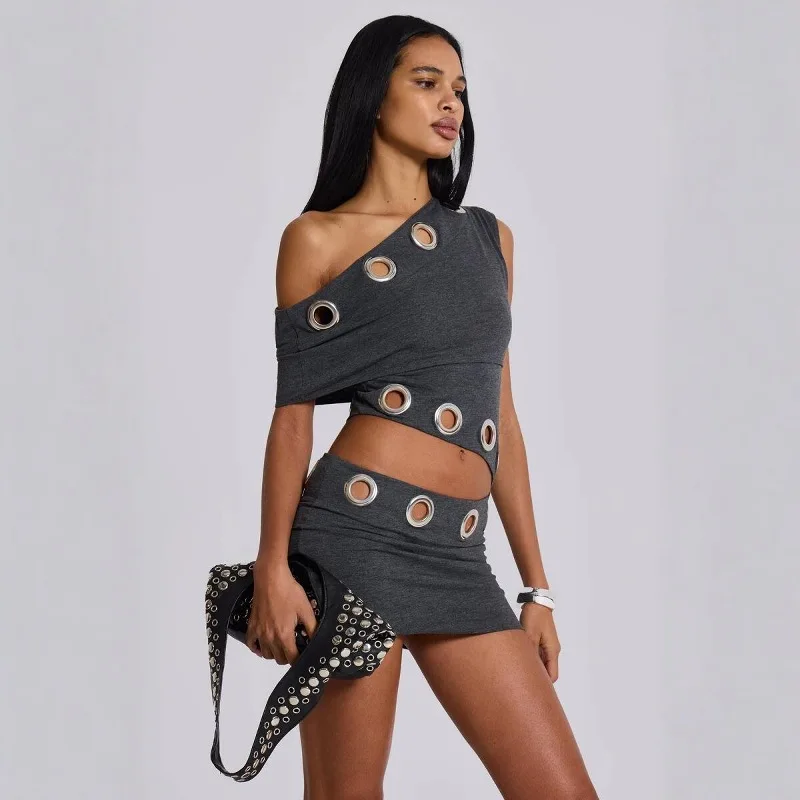 

Jaded London Futuristic Hollow Circle Slant Shoulder Grey Dress Sexy Hottie y2k Wrap Dresses