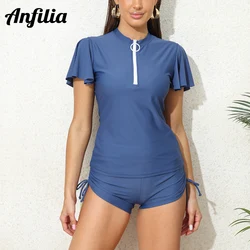 Anfilia donna Rashguard Solid Front Zipper Ruffle Sleeves girocollo surf top UPF50 + Quick Dry maniche corte nuoto top