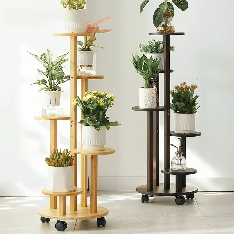 

Rolling Bamboo Plant Stand Multi-Tier Balcony Flower Pot Shelf for Succulents Greenery Organizer Indoor Floor Rack