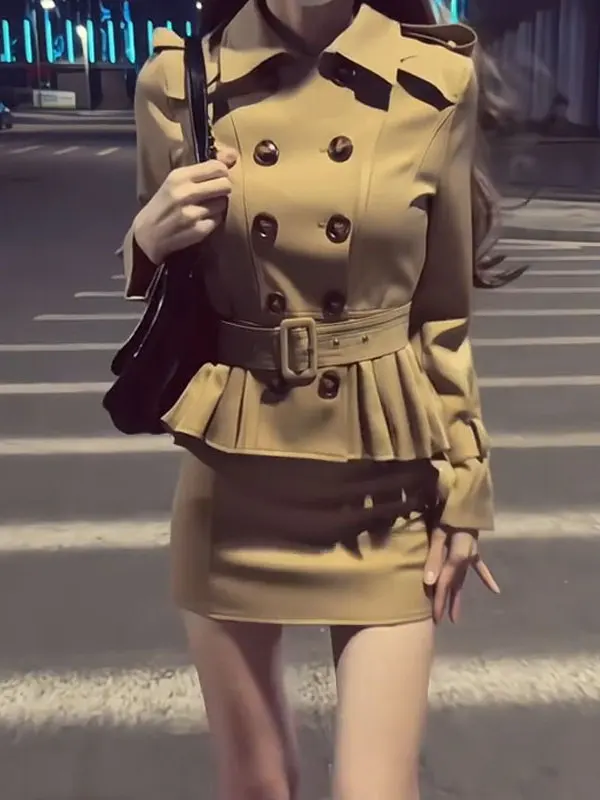 

Элегантный корейский комплект из двух предметов: пальто и облегающая юбка, удобный, с длинными рукавами, средней посадкой на талии, однотонный.