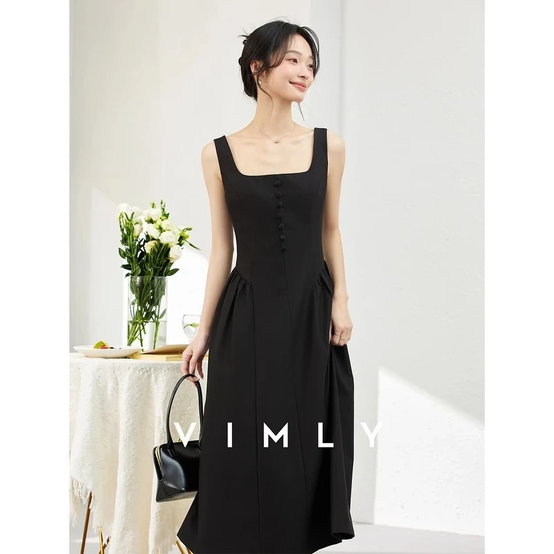 VIMLY Black French Square Neck Suspender Dress 2025 Woman Autumn Sleeveless Waist Vest Buttons Waist Long Ladies Dress A1709