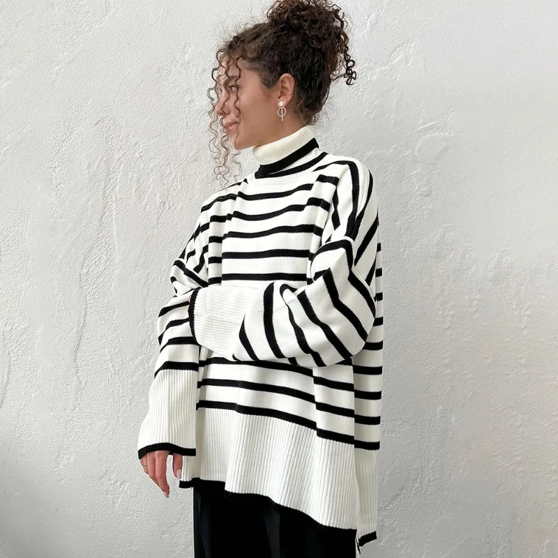 

Women's Striped Sweater New High Neck Pullovers Loose Casual Warm Contrast Streetwear Chic Autumn Long Sleeve Sweater