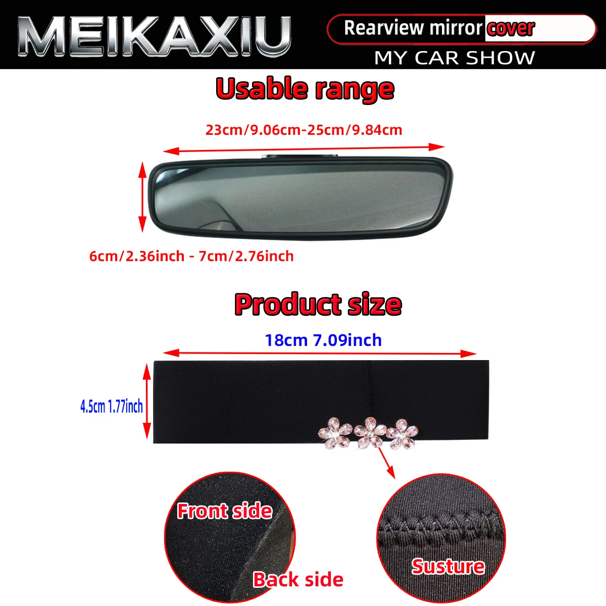 Skin-friendly fabric artificial crystal rhinestone glittering flower Blingbling car interior rearview mirror cover for ladies