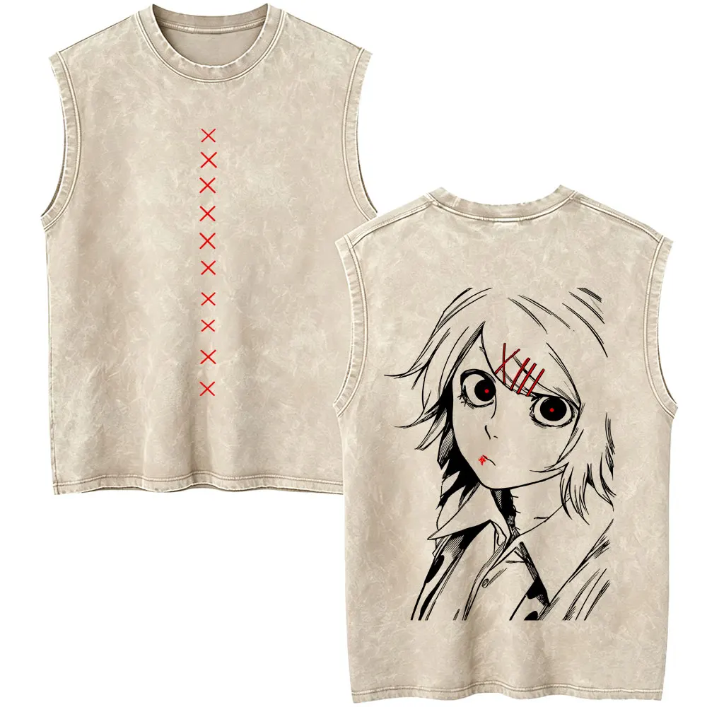 Anime Tokyo Ghoul Vintage Washed Tank Tops Cartoon Juzo Suzuya Sleeveless Vest T-shirt Men Women Retro Manga Crewneck T-shirts