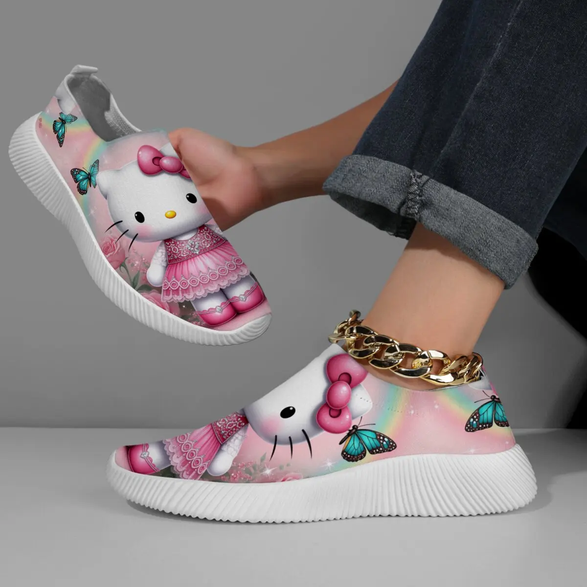 

Hello Kitty Shoes Pink Rainbow Butterfly Cartoon Casual Sneakers Disney Women Lightweight Outdoor Flat Fitness Sneakers