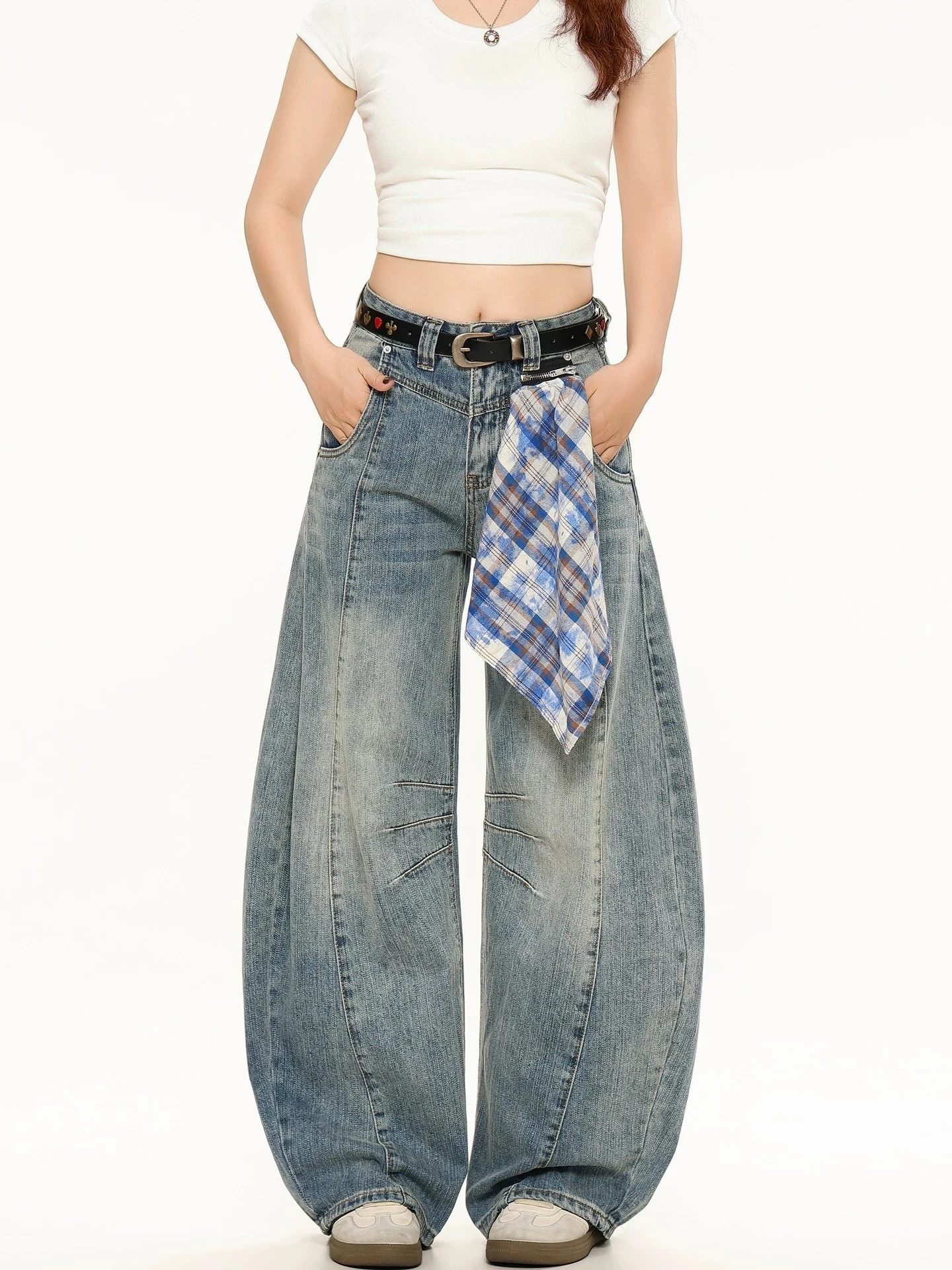 Detachable Plaid Scarf Splicing Wide Leg Jeans Women Loose Slimming Casual Low Waist Jeans Series Casual Style Blue Denim
