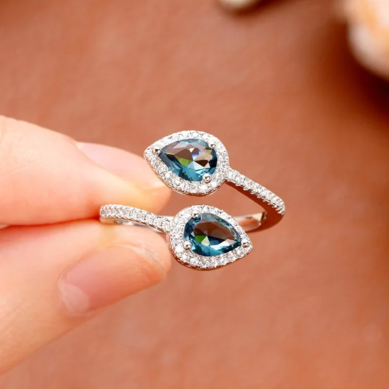 Classic Female Rings 925 Sterling Silver Water Droplet Blue Zircon Adjustable Rings for Women Promise Love Wedding Jewelry