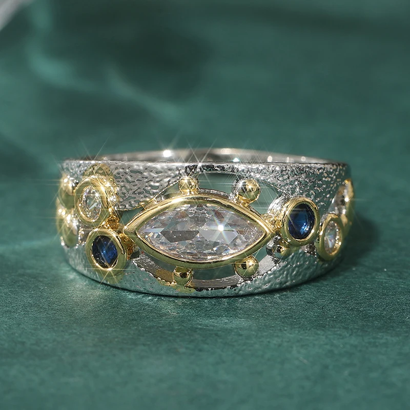 Vintage Zweifarbig Eingelegter Blau-Weißer CZ Damenring Geometrisch Ausgehöhlt Tägliches Tragen Party-Schmuck – Detail 1