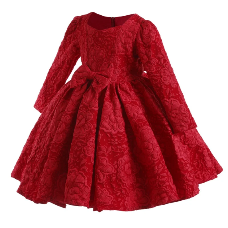 New Year Girls Long Sleeved Bow Solid Color Dress Christmas Fashion School Performance Graduation Ceremony Evening Dress